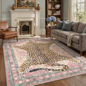 【Deals For You Days】GENIMO Rug – Machine Washable, Pet Friendly, Non-Slip Floor Rug, Soft Area Carpet, Ideal for Living Room, Bedroom, Kitchen, Hallway ,ARN024-LEOPARDPINK