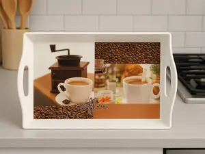 Coffee Serving Tray Durable Lightweight Kitchen & Tea Tray with Handles White Printed Design for Everyday Use in Your Kitchen