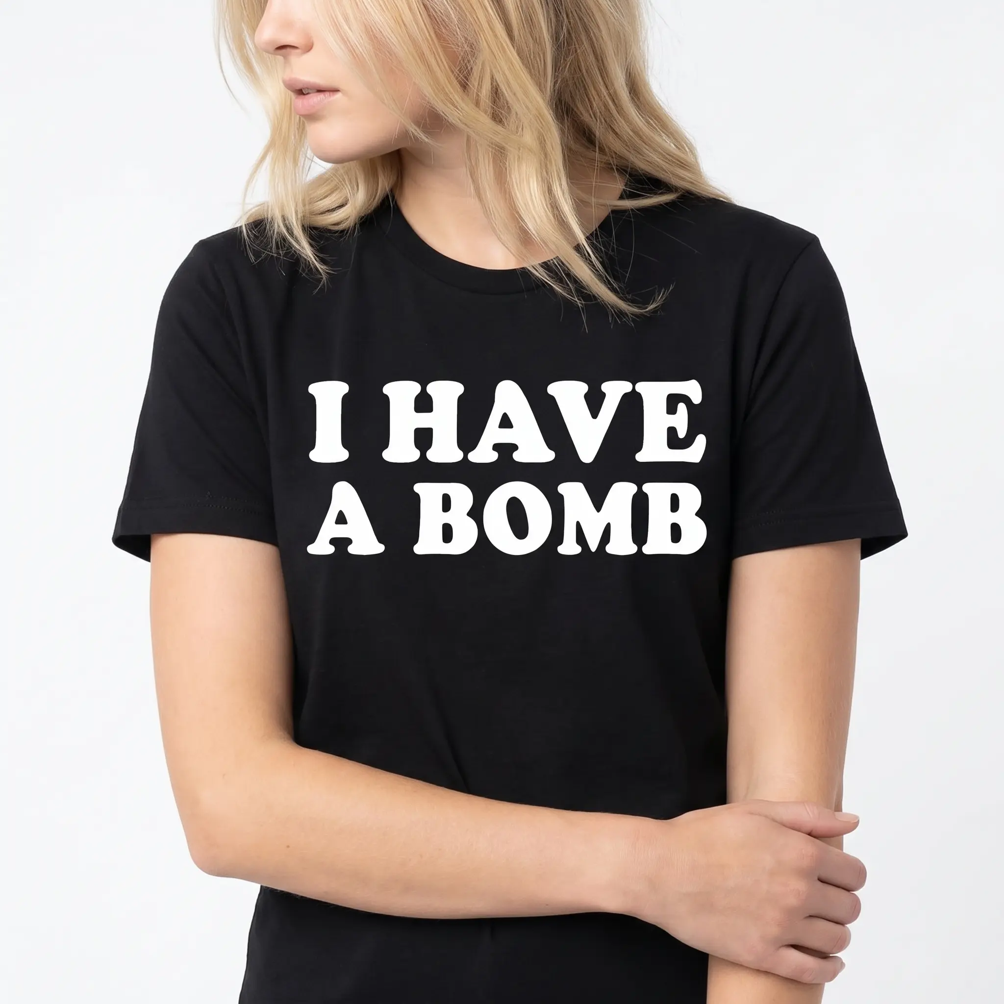 Basic Tee Club "I Have A Bomb Meme" Graphic Tee - Funny Humorous Slogan T-Shirt in Soft Breathable Cotton for All-Season Wear - Womenswear