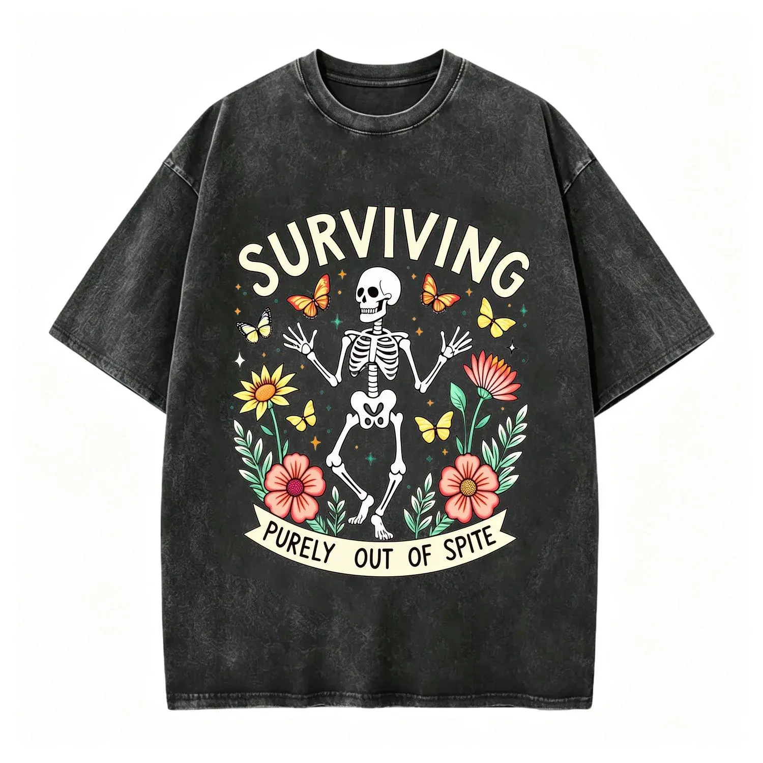 Women T shirts Crew Neck Surviving Purely Out Of Spite Funny Skeleton Dance Halloween Graphic Tee Casual Stylish Women Apparel