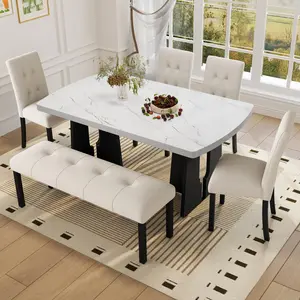 [Bellemave] 6 Piece Modern Dining Table Set, 63" Faux Marble Dining Table with Geometric Legs, 4 Upholstered Chairs & 1 Bench, Suitable for Dining Kitchen Room,Easy to Assemble