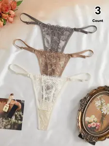Women's 3-Pack Sexy Thong Panties, Adjustable Straps, Plants Pattern, Lingerie, Comfortable and Stylish Underwear for Daily Wear