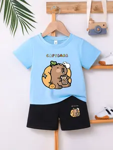 Baby Boys Spring Summer New Basic Four-Piece Cool Round Neck Short Sleeve Shorts Set, Cute Capybara Design, Casual Wear, Gift Option