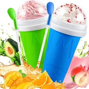 2 Pack Slushie Cup, Slushy Maker Cups, Magic Quick Frozen Squeeze Cups for Ice Cream Juice Milk Yogurt, DIY Smoothie Cooling Cup with Lid and Straw for Kids Friends Family (Blue and Green)