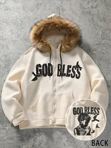 Men's Faux Fur Hooded Zipper Fitted Jacket, God Person Bird Graphic Print, Street Fashion Streetwear Windbreaker, Warm Stylish Design, Casual Fall & Winter Wear