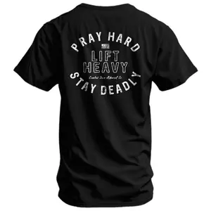 Men's Cotton Graphic Round Neck Short-Sleeve T-Shirt - Menswear, Athletic-Casual Style with "Pray Hard, Lift Heavy, Stay Deadly" Slogan, Shortsleeve