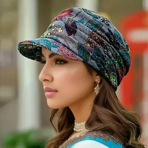 Vintage Floral Print Newsboy Hat Classic Pleated Sun Hat Lightweight Women's Pointed Cap, Stylish and Comfortable Headwear