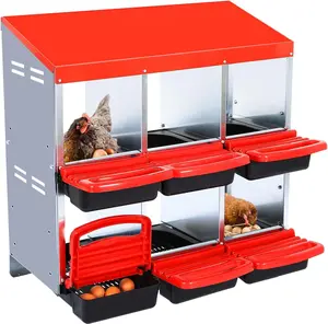 Nesting Boxes for Chickens 6 Compartments with Removable Tray Easy Cleaning for Hens Outdoor Coop Farm Yard Red Galvanized Steel Durable Egg Collection Design
