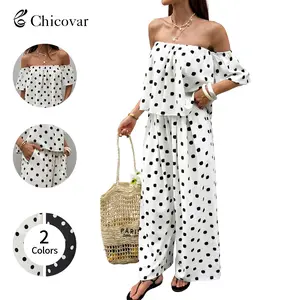 Chicovar Women's Polka Dot Off Shoulder 2 Piece Set, Puff Sleeves Cropped Top, High Waist Wide Leg Pants with Pockets, Lined, Slimming, Casual, Date, Beach Vacation Outfit Sets, Lounge Sets, Summervibes