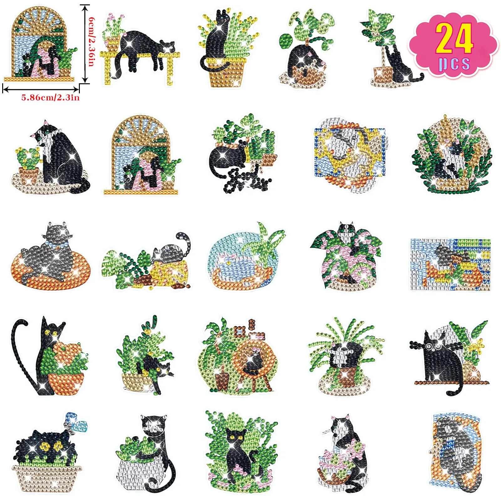 24pcs Diamond Painting DIY Kit of Cute Cartoon Animal Cats, Sparkling Crystal Round Drill Mosaic Stickers, Gift Set for Creative Fun Handicraft, Diy Craft Supplies, Diamond Painting Kits