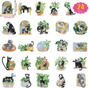 24pcs Diamond Painting DIY Kit of Cute Cartoon Animal Cats, Sparkling Crystal Round Drill Mosaic Stickers, Gift Set for Creative Fun Handicraft, Diamond Painting Kits
