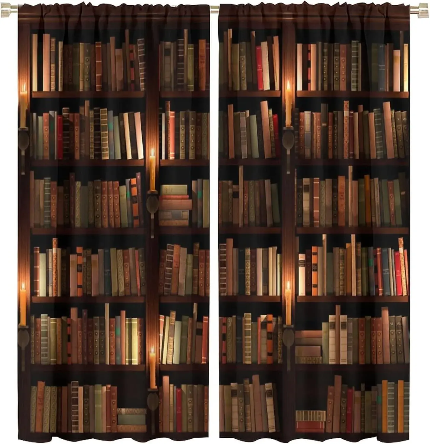 Library Bookshelf Curtains Candle Vintage Bookcase Books for Living Room Bedroom Study Decor Rod Pocket Blackout Window Drapes 2 Panels 63x72in