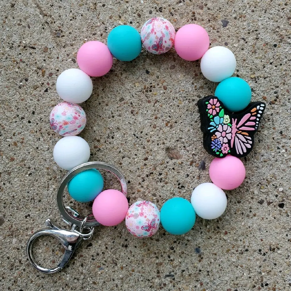Chic and Stylish Pink & Turquoise Butterfly Silicone Bangle Keychain Bracelet for On-the-Go Mamas