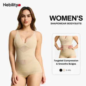 [MAX] Nebility Women's Vneck Bodysuit Shapewear - Built-in Bra, Mesh Breathable Compression, Sleeveless High Waisted, Basic Minimalist Comfort Womenswear Black&Black summerwins