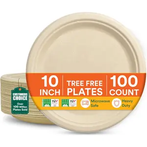 10 Inch Compostable Disposable Paper Plates 100 Pack Made from Virgin Bagasse Pulp Heavy Duty Biodegradable Safe for Microwave and Freezer