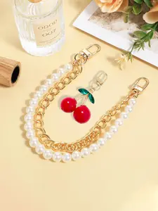 Faux Pearl Purse Chain Bag Charms with Cherry Keychain, Stylish Playful Charm, Pearl Purse Chain Extender Gold Metal Purse Straps Extender Handbag Strap Bag Accessories Belt Chain