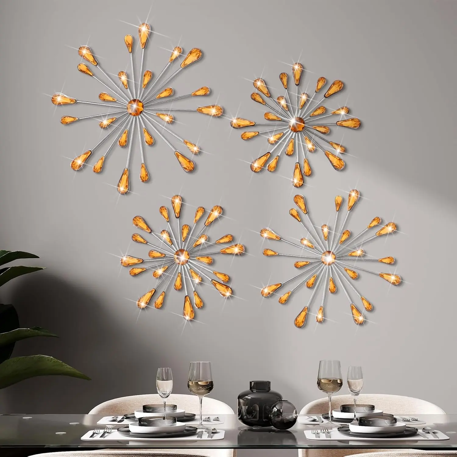 Hicarer 4 Pcs Starburst Wall Decor Bling Wall Art Crystal Teardrop 3D Hanging Rhinestone Radial Metal Artwork Modern Accent Sculptures Decorations for Living Room Home Office Bedroom(Amber)