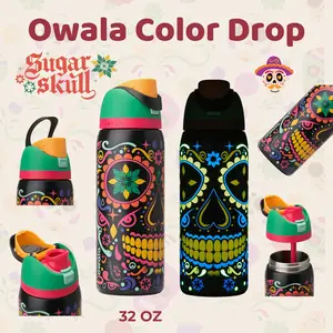 Owala FreeSip 32oz Insulated Stainless Steel Water Bottle, Fluorescent Glow Sugar Skull Design, Dual-Mode Leak-Proof Lid with Straw, Large Capacity Thermal Tumbler for Daily Outdoor Use Drinkware Flasks Mug Bottled Portable