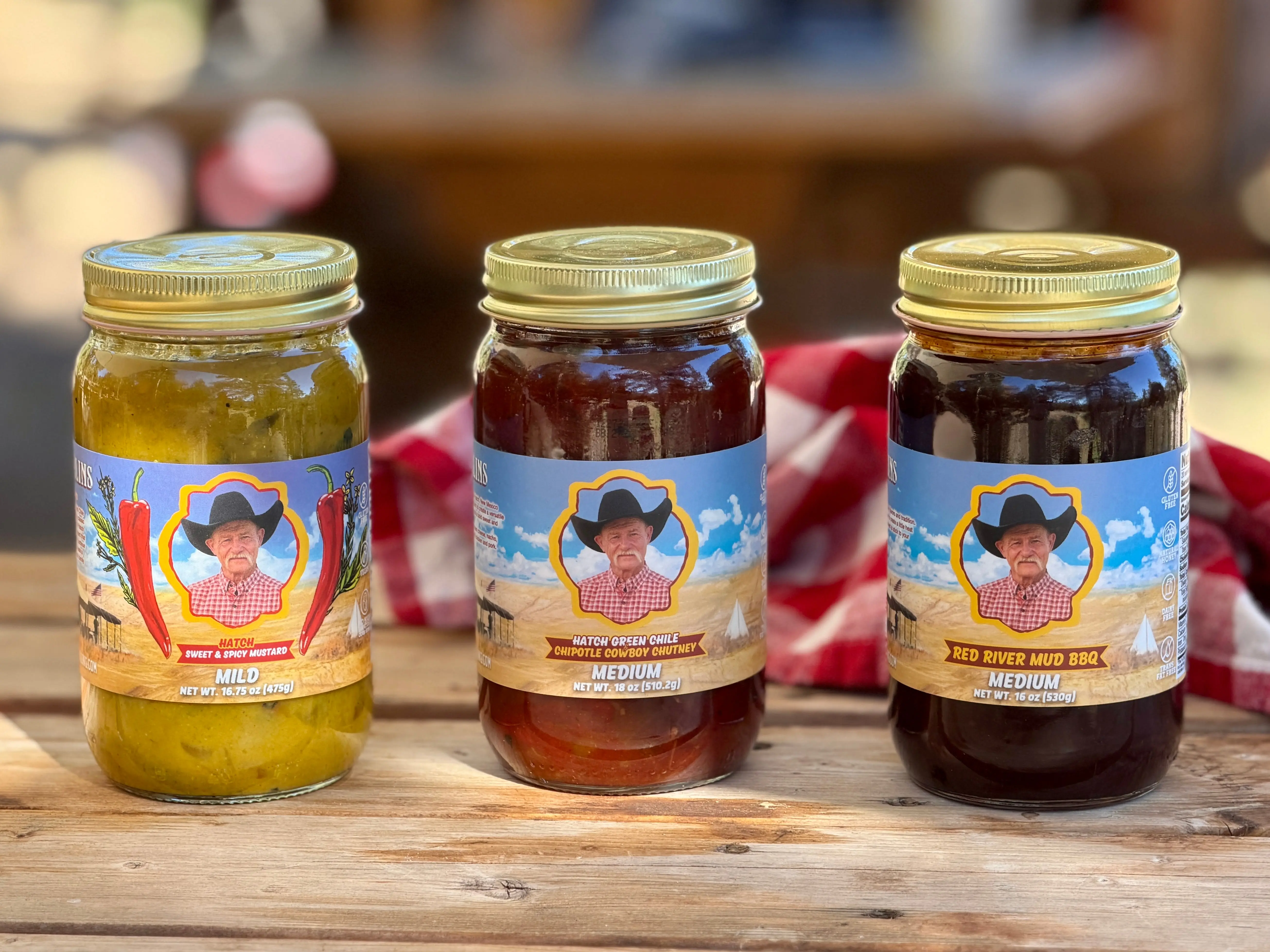 Kent's Cowboy Sauce Trio - Sweet & Spicy Hatch Mustard, Red River Mud BBQ Sauce, Green Chile and Chipotle Relish aka Cowboy Chutney - Bold Flavor, Dip, Ingredient, Perfect for Chicken, Beef, Tacos, Chili