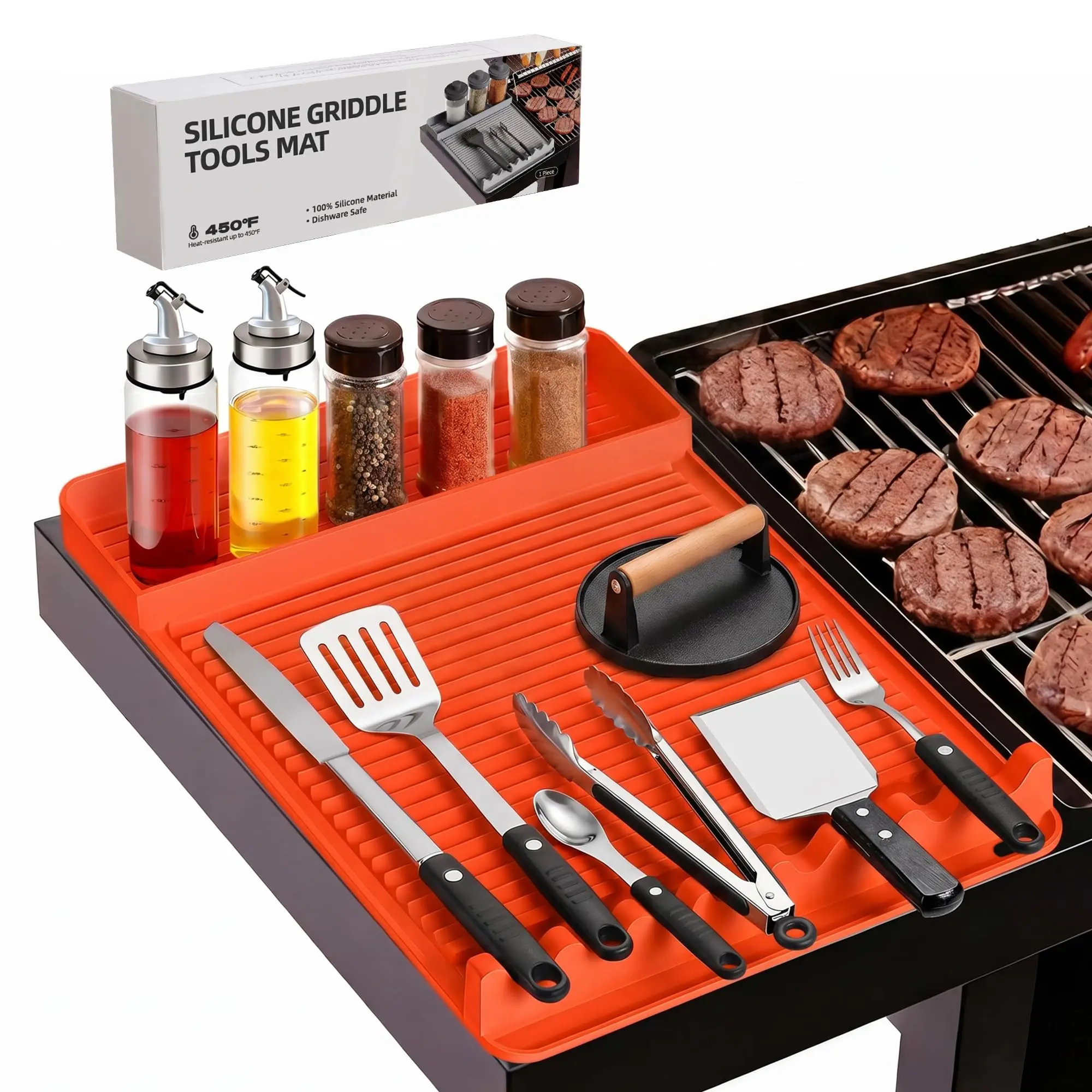 GMOX 16x11.5" Rectangular Silicone Grill Mat with Large Slots, Blackstone-Compatible BBQ Griddle Tool, Heat-Resistant Silicone Spatula Rest, Countertop Protector, Gift for Men (Office Presentation Supply Accessory)