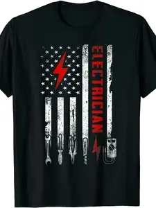 Men's Electrician Gift American Flag T-Shirt - Comfortable Tee with Electrician Tools & Wiring Diagrams Suitable for Training, & Everyday Outfits - Retro Streetwear (Sizes M-3XL)