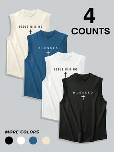 Men's 4 Pack Christian Collared Tank Tops - Jesus Is King Blessed Cross Graphic Sleeveless Shirts, Casual Workout Gym Muscle Tees, Faith Based Religious Streetwear for Men Summer Vacation Church Outfits