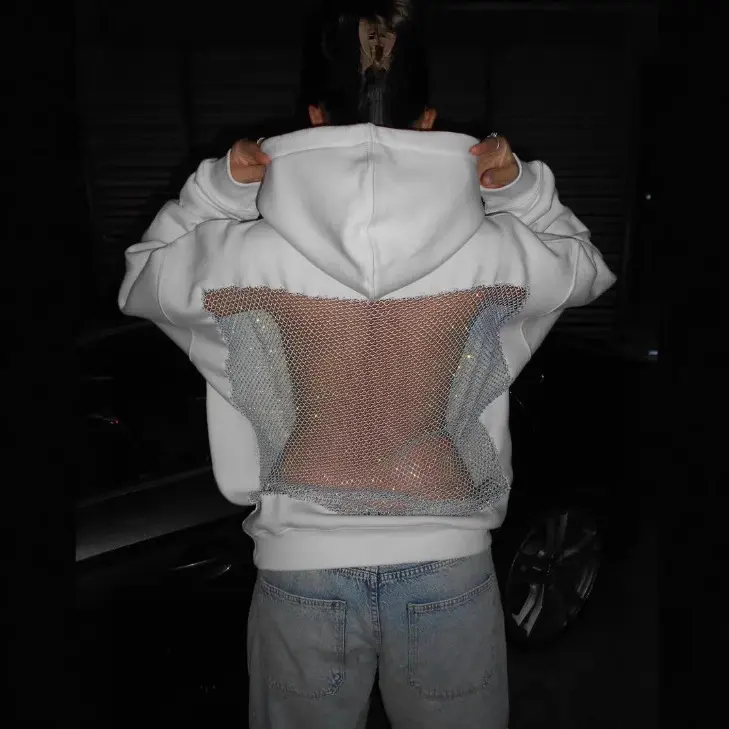 Women's Solid Color Backless Hollow Mesh Hoodie - Long Sleeve Spring Autumn