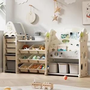 Kids Toy Storage Organizer with 17 Removable Bins, 4-Tier Bookshelf for Kids, Multi-Purpose Castle-Shaped Toy Organizer for Playroom, Bedroom, Nursery, Living Room