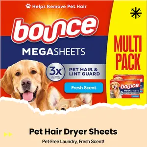 Bounce Pet Hair & Lint Guard Mega Dryer Sheets 3X Repelling Power Fresh Scent 130 Count for Clothes Lint Roll Less Reduces Wrinkles