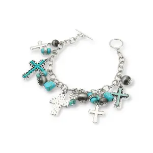 Farmers Wife Charm Link Fashion Bracelet - Boho Style Bangles with Turquoise Beads & Quirky Charms for Women's Fashion