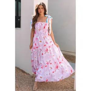 Pink Floral Print Knotted Shoulder Smocked Maxi Dress - Casual Style, Smocked Panel, Flowy Tiers, 100% Polyester, Sleeveless Design - Fit