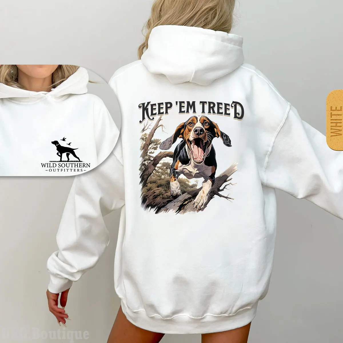 Southern Hunting Hoodie | Keep ’Em Treed Trendy Hoodie – Hound Dog in Action T-Shirt | Perfect for Hunters & Outdoor Lovers | Country Style Unisex Streetwear