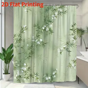 2D Flat 1Pc Elegant Floral Shower Curtain - Pale Green Plant Bathroom Curtain with White Flowers, High-Quality Polyester Fiber, 71x71inch, Includes 12 Hooks for Easy Hanging - Modern Bathroom Decor, Suitable for All Seasons, Home Spa Setting, Natural Desi