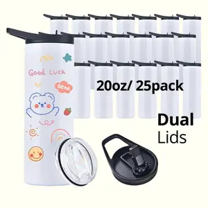 25pack 20oz Sublimation Tumbler Blanks Skinny Straight Tumbler Duo with Dual Lids Water Bottles Drinkware,Suitable for Outdoor Sports and DIY Customization