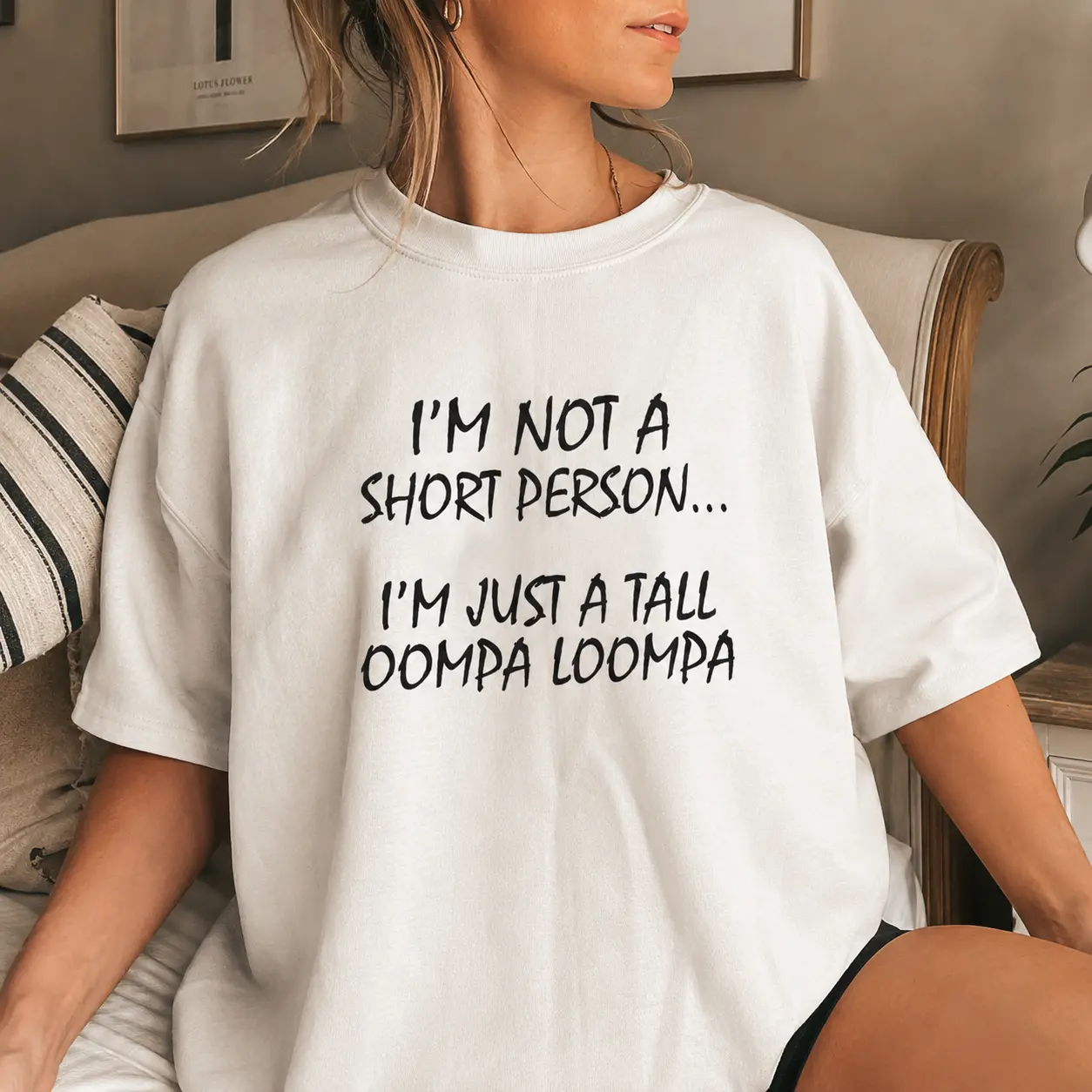 Funny Short Person Joke T-Shirt, Im Not Short Im Just A Tall Candy Factory Worker Graphic Tee, Petite Girl Humor Sarcastic Gift For Women