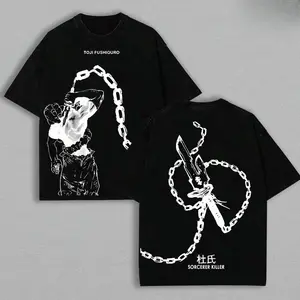 Unisex Oversized Jujutsu Kaisen Toji Fushiguro Graphic T-Shirt Short Sleeve Tee Double Sided Sorcerer Killer Print Washed Casual Streetwear Tops for Anime Fans