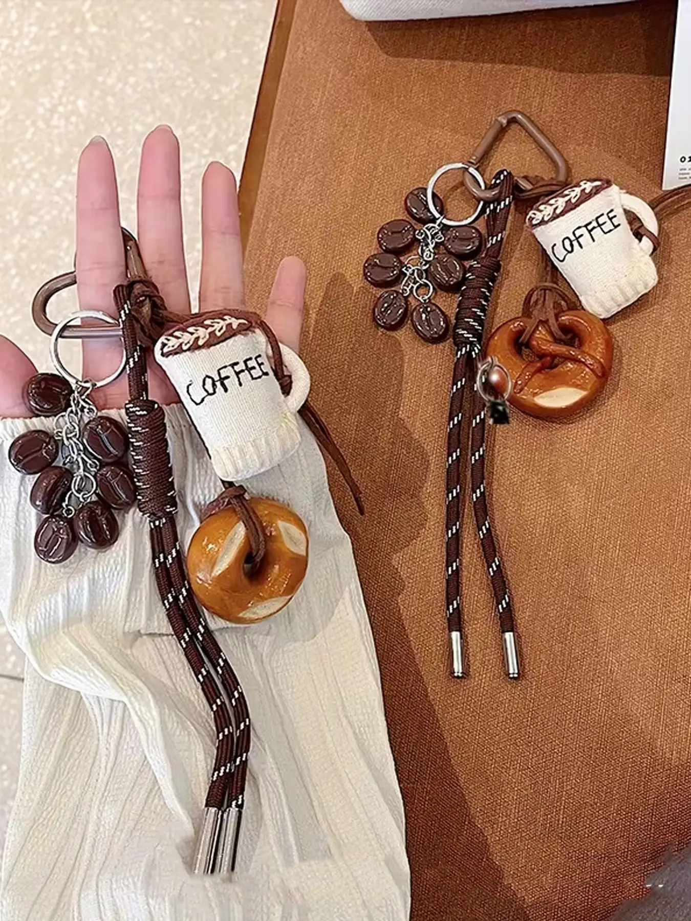 Coffee-Themed Fabric Coffee Cup And Bread Charm, Vintage Brown Tones, 'realistic Bread,' Coffee Bean Chain, Perfect For Hanging On Bags Or Keys, Ideal For Coffee Lovers And As A Cute Everyday Decoration, Charms For Bags, Bag Accessories Charms