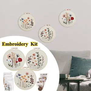 3 Pack Embroidery Starter Kit for Beginners,Stamped Cross Stitch Kits with Cute Flowers and Plants Patterns with 1 Embroidery Hoop and Color Threads for Adults Youngers