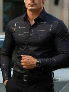 Men's Long Sleeve Button-Down Collared Fitted Shirt, Woven Fabric, Contemporary Style, Office & Business Casual Wear, All Seasons