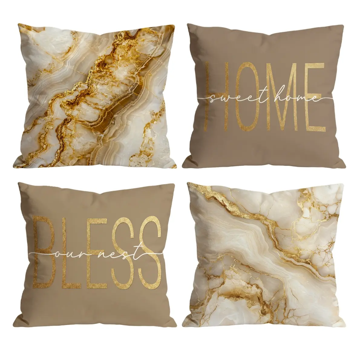 Gold Marble Throw Pillow Covers Set of 4, Neutral Beige & Gold Cushion Cases for Living Room, Bedroom, Sofa Home Decor 0526YC
