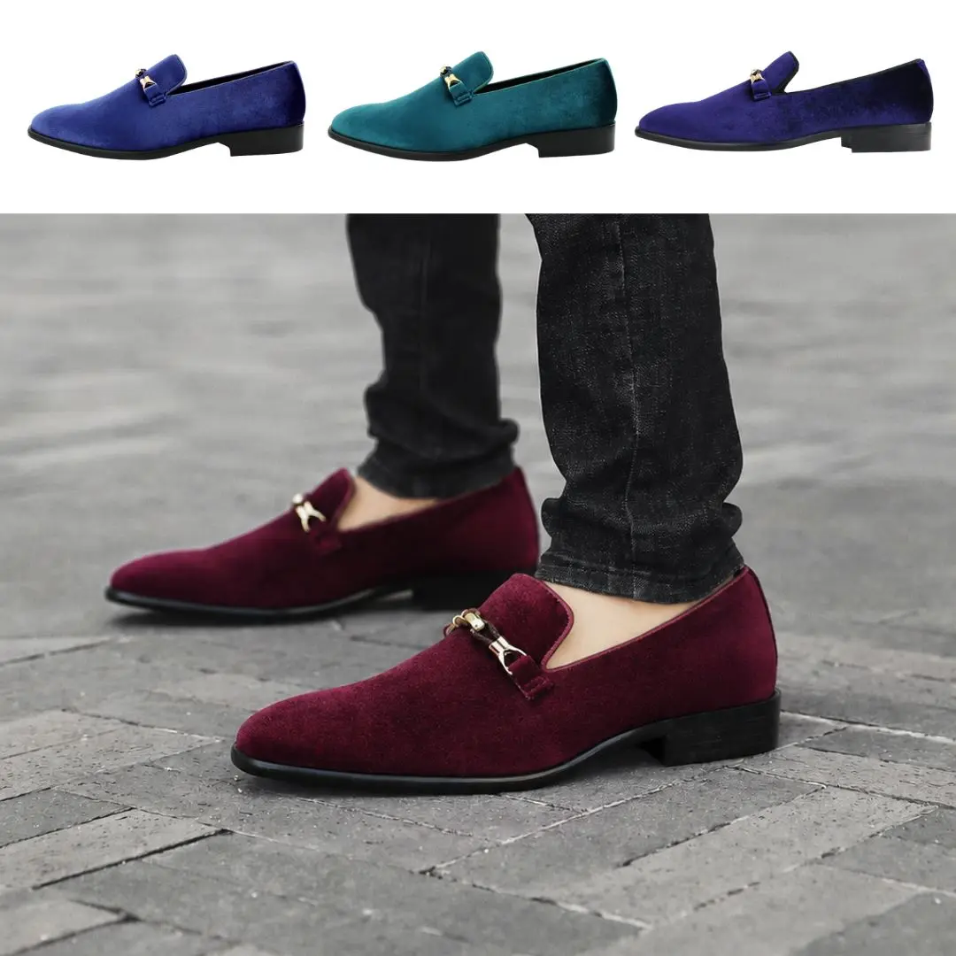 Amali Aller Mens Dress Shoes Velvet Loafers Slip-On Formal Shoes With Buckle Detail