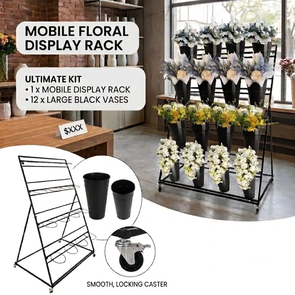 Metal 4-Tier Rolling Flower Display Stand with 16 Removable Buckets, Lockable Wheels, Vertical Storage for Flower Shop, Garden Patio, 16 Buckets