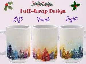 White Ceramic Colorful Watercolor Winter Trees Mug, Holiday Christmas Gift Mug 15oz, 11oz