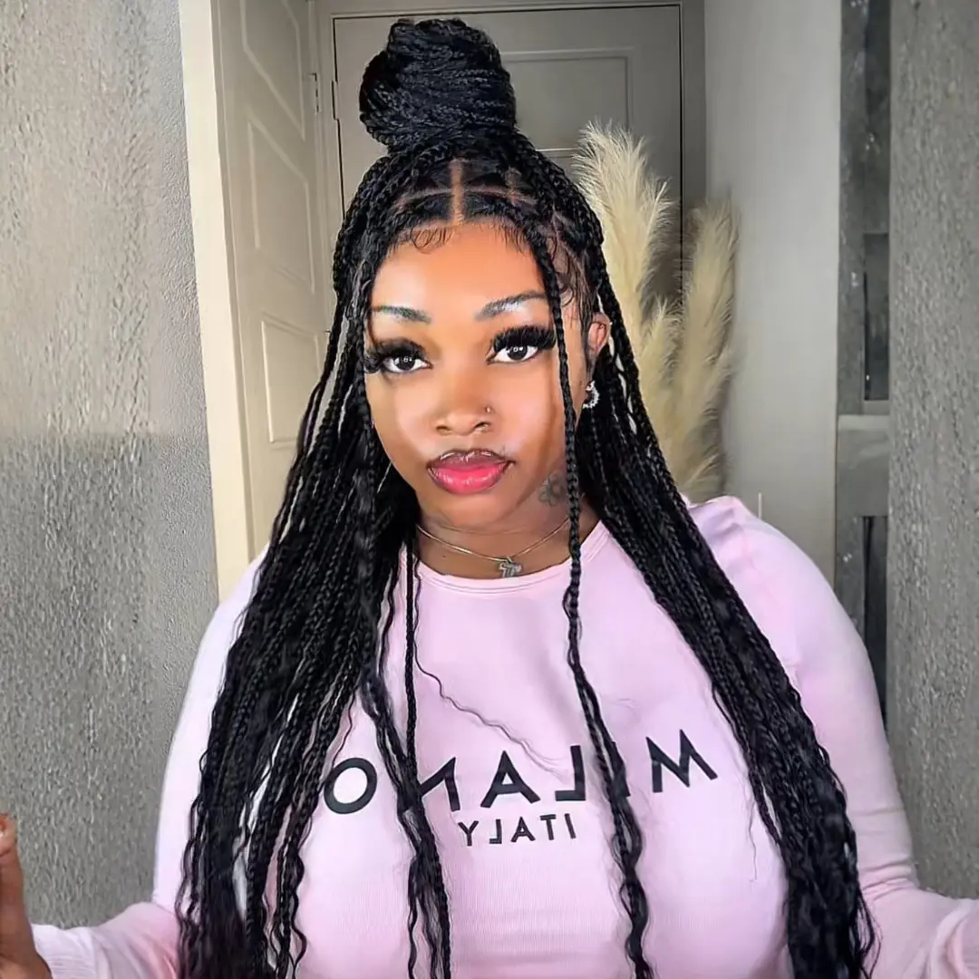 【Human Hair Blend】Sunber Full Lace Boho Braided Wigs With Human Hair Curly Ends 34“ Pre Cut Lace Knotless Box Braid Wigs Island Twist Hairstyle Beginner Friendly SpringStatements Summervibes summerwins
