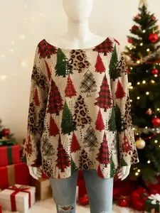 Women's Christmas Tree Print Knit Top, Long Sleeve V Neck Hollow Out Design, Casual Elegant Holiday Wear, Ladies Sweater Vest, Knitwear