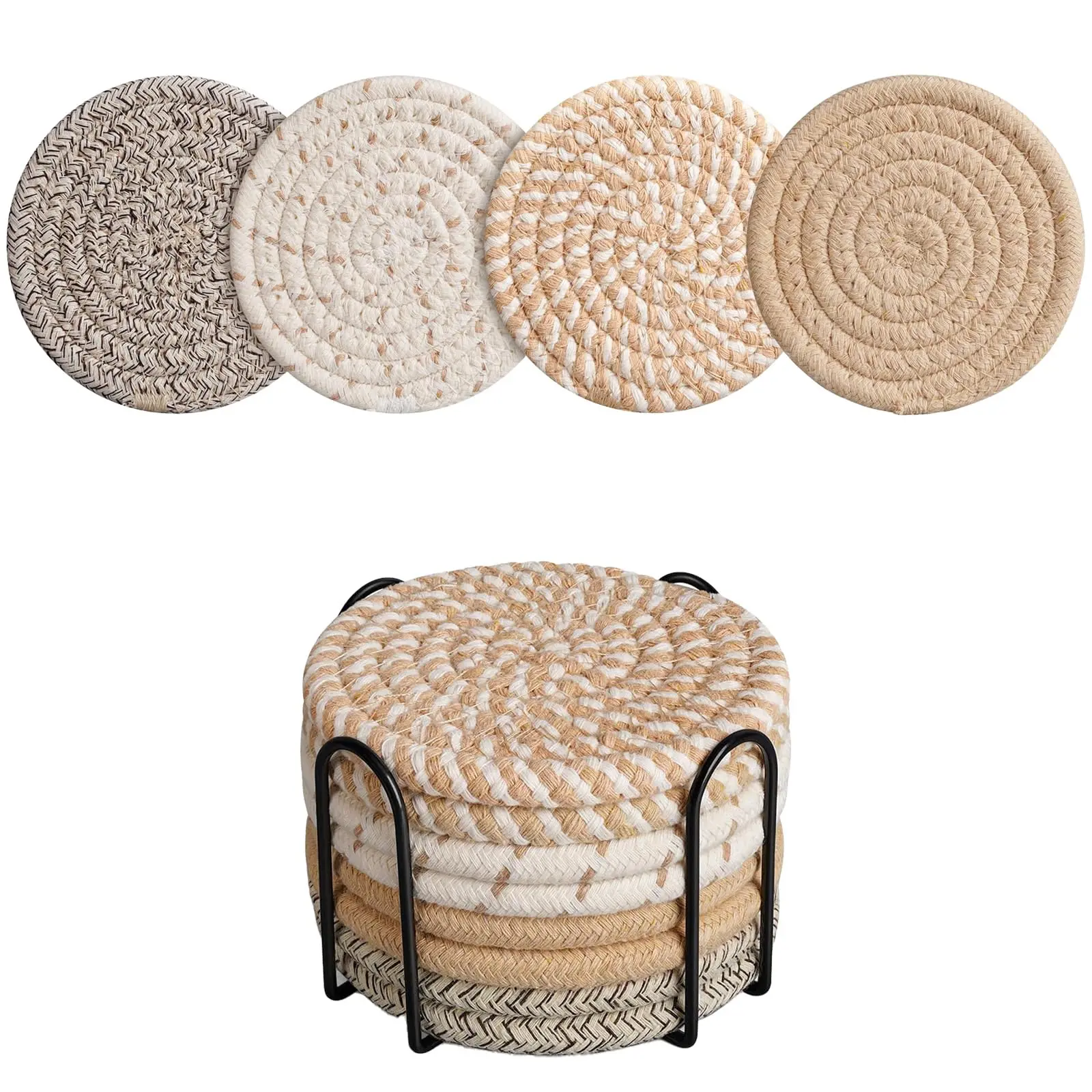 Set of 8 Absorbent Drink Coasters with Holder, Boho Cotton Woven Coaster Set, 4 Colors Tabletop Protection for Coffee, Beer and Drinks