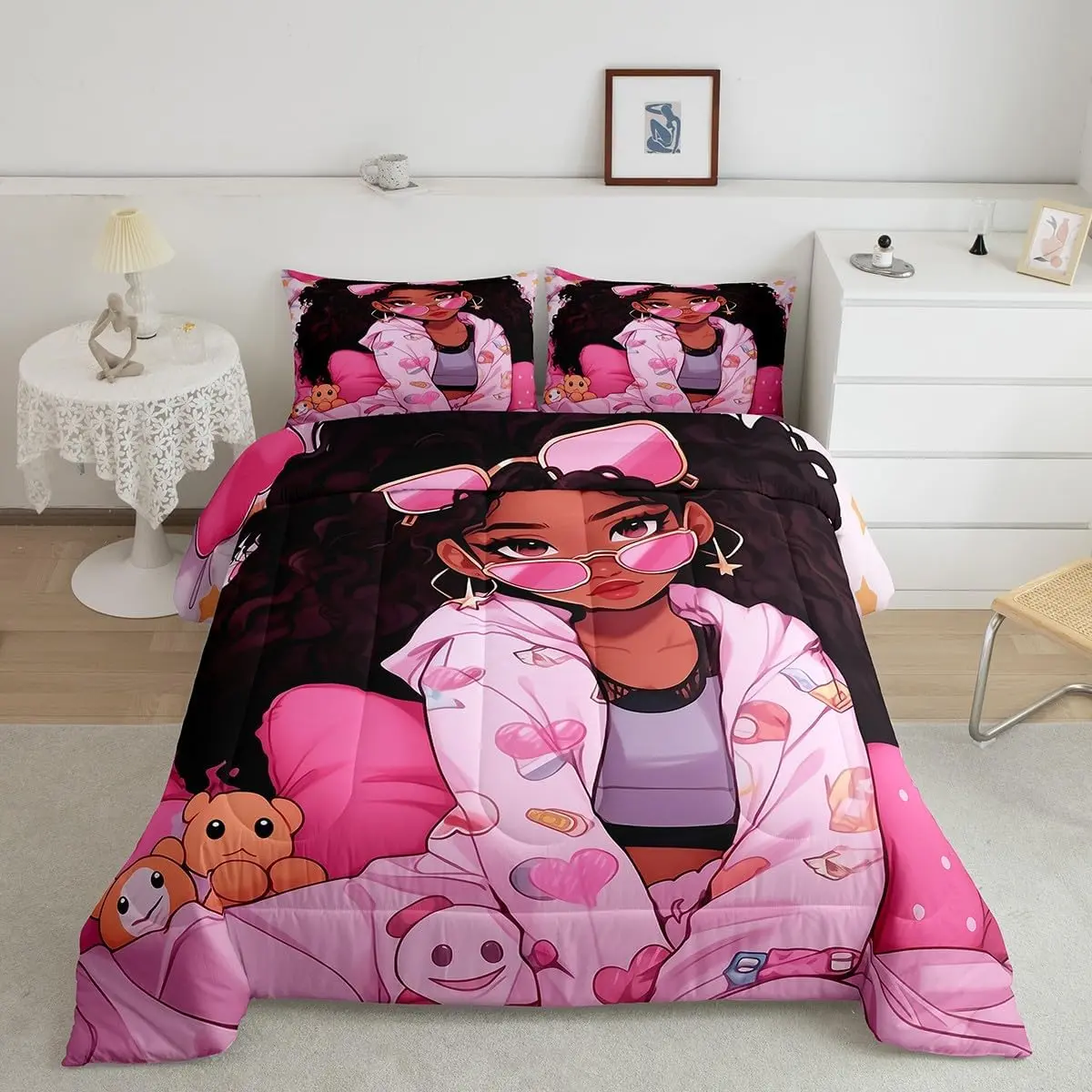 Feelyou Comfy Black Duvet Cover Set - Cartoon Bear Love Heart Dot Print, Breathable, Machine Washable, Afro American Style, for Children Toddler Room Decor (Twin/Full)