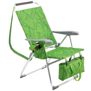 17" High Seat Folding Beach Chair with Summer Palm Print Aluminum 7-Position Recliner with Headrest & Storage Tote for Beach Camping Poolside