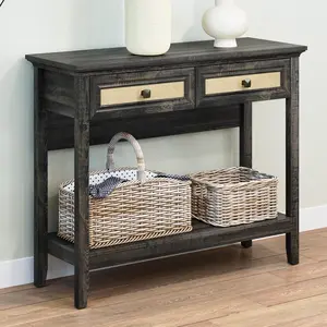 RoyalCraft Rattan Storage Cabinets, Accent Boho Storage Cabinet with 2 Drawers and 2 Open Shelves, Modern Wood Storage Cabinet for Entryway, Front Hall, Hallway, Living Room, White
