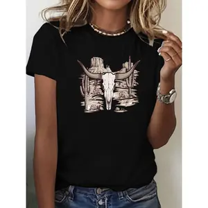 Western - inspired and Rustic T - Shirt: Channel the Spirit of the Desert with a Longhorn Skull and Cactus Graphic